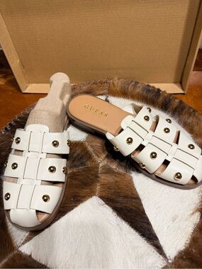 GUESS White Leather Slide Mules with Gold Studs